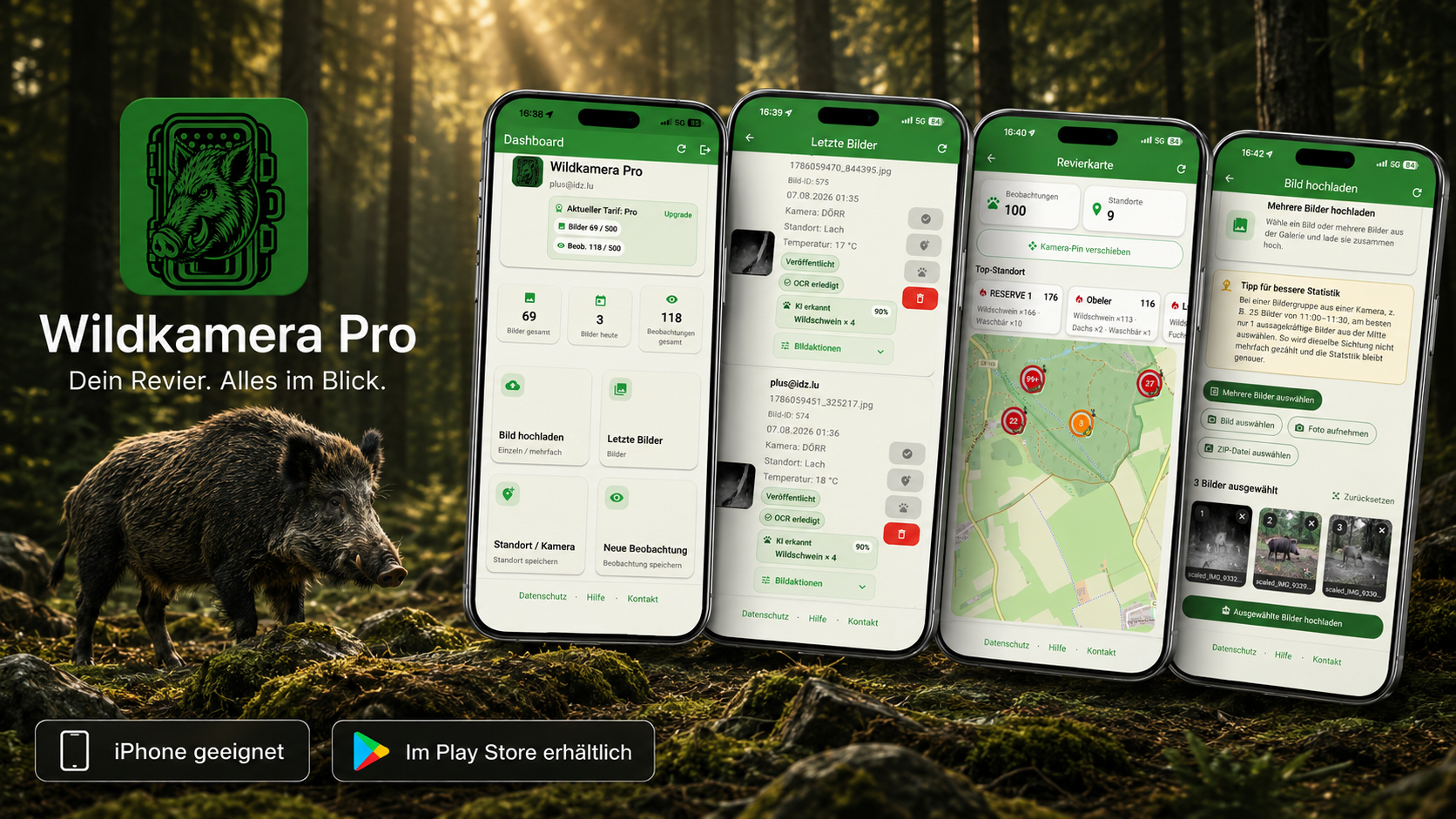 Wildkamera Pro – App Übersicht mit Original-Screenshots