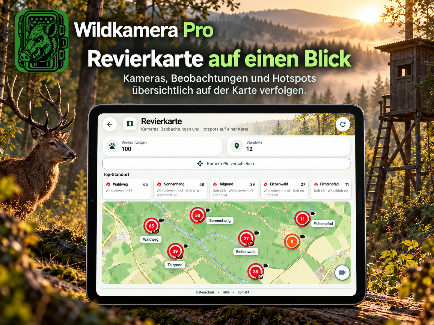 Wildkamera Pro Revierkarte und Hotspots